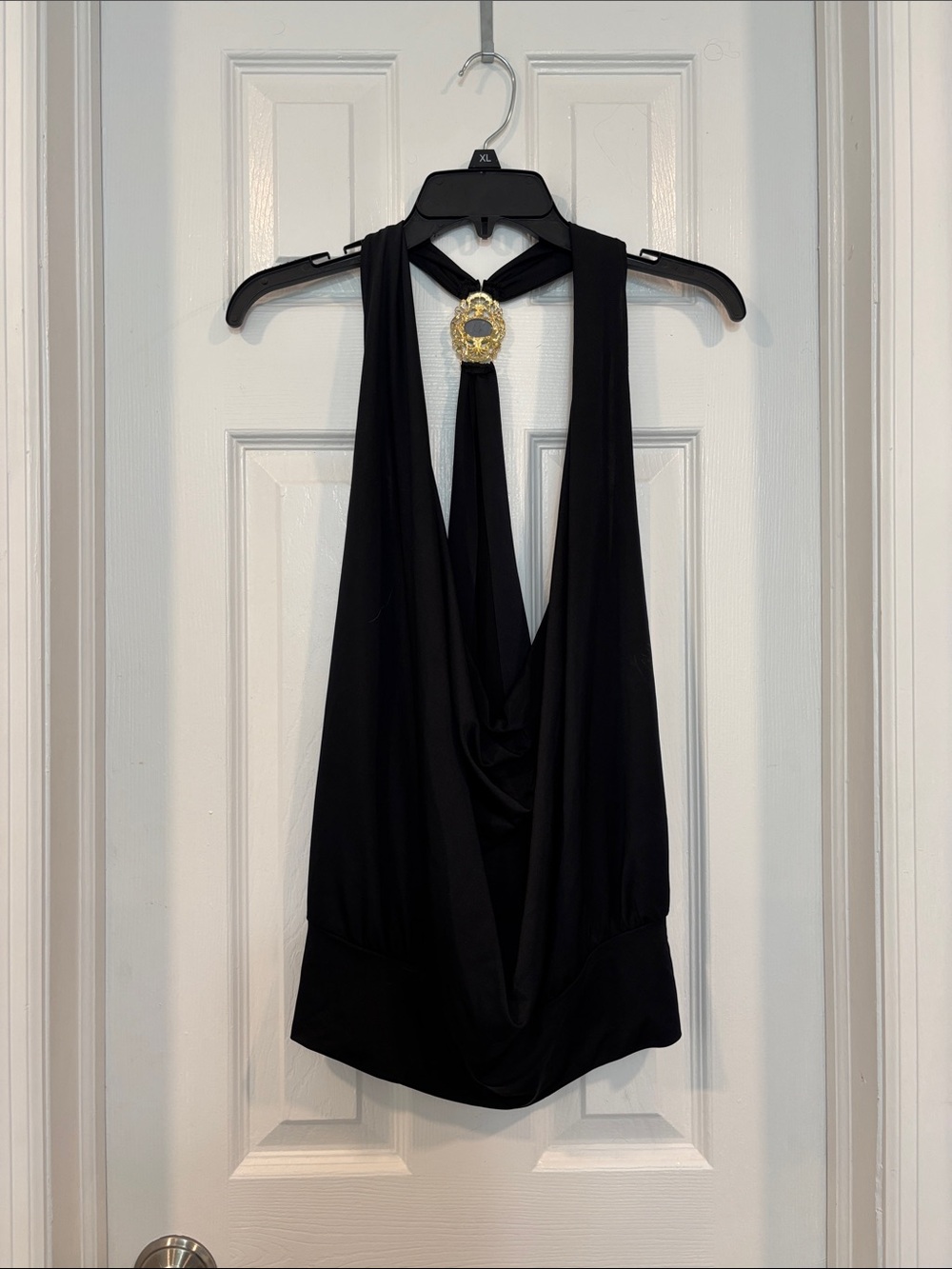Forplay Black Draped Halter Top with Gold Medallion Accent